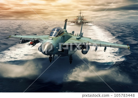 Group of air force fighters flying over the ocean at low altitude, beautiful sky on the background. Jet military aircraft patrols territory, makes training flight. Close-up aerial view. 3D rendering. Group of air force fighters flying over the ocean at low altitude, beautiful sky on the background. Jet military aircraft patrols territory, makes training flight. Close-up aerial view. 3D rendering. 105783448