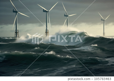 Offshore wind farms next to the deserted wild rocks in the middle of a stormy northern sea. Beautiful gloomy seascape with wind generators. Sustainable green energy concept. 3D rendering. 105783463