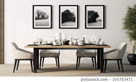 Stylish open space dining room interior in a modern apartment. Wooden table with design chairs, tableware, posters on the wall, green plant in floor pot, home decor. Mockup, 3D rendering. 105783471