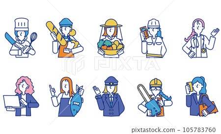 Female occupation set (upper body) (chef, baker, greengrocer, carpenter, doctor, baker, fishmonger, captain, pilot, forestry Female occupation set (upper body) (chef, baker, greengrocer, carpenter, doctor, baker, fishmonger, captain, pilot, forestry 105783760