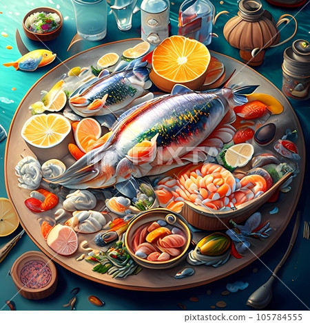 Fish and seafood on elegant tableware 3d realistic vector illustration. AI-generative Fish and seafood on elegant tableware 3d realistic vector illustration. AI-generative 105784555