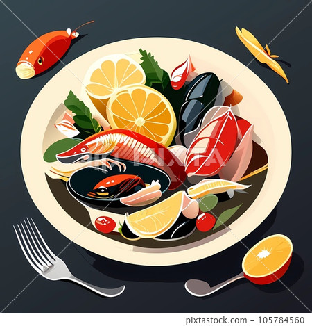 Seafood and fish in a plate. Vector illustration of a healthy food. AI-generative 105784560