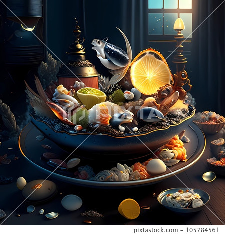 3d illustration of fish and seafood in elegant tableware dishes. AI-generative 105784561