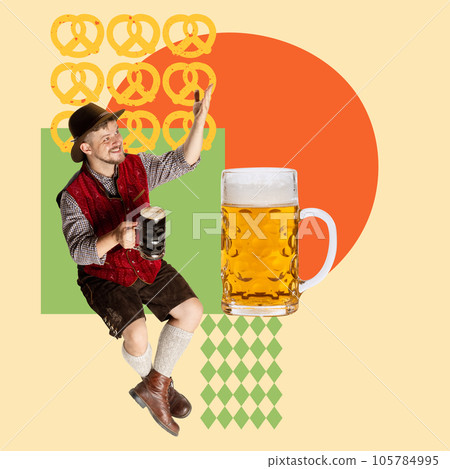 Smiling, cheerful man in vacarian style clothes drinking beer and cheering everyone with beer fest. Contemporary art collage. Smiling, cheerful man in vacarian style clothes drinking beer and cheering everyone with beer fest. Contemporary art collage. 105784995