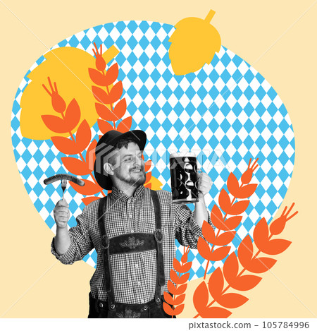 Cheerful man holding mug with beer and grilles sausage. Drink and appetizer. Contemporary art collage. 105784996