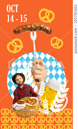 Festive beer time. Bavarian waiter serving beer and appetizers, grilled sausages and pretzels. Contemporary art collage. 105785001