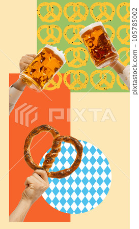 Mugs with lager beer and pretzel appetizers. Best taste of traditional drink. Contemporary art collage. 105785002
