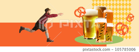 Beer tim. Mna in bavarian clothes running to mugs with foamy lager beer. Contemporary art collage. 105785006