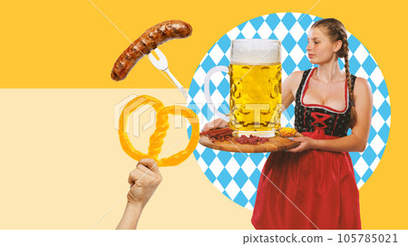 Beautiful young woman, waitress in german pub serving beer and appetizers. Contemporary art collage. 105785021