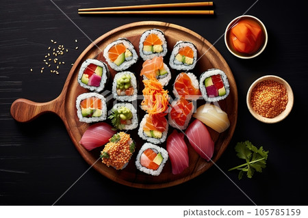 Delicious natural sushi on the table. One of the most popular dishes in the world 105785159