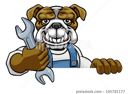 Bulldog Plumber Or Mechanic Holding Spanner Bulldog Plumber Or Mechanic Holding Spanner 105785177