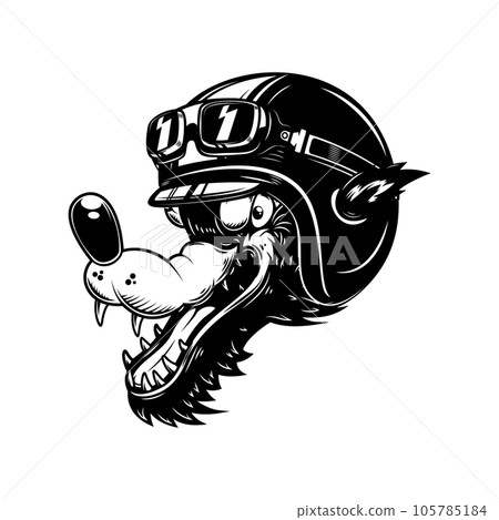Illustration of cartoon wolf in racer helmet. Design element for poster, card, banner, sign, logo. Vector illustration Illustration of cartoon wolf in racer helmet. Design element for poster, card, banner, sign, logo. Vector illustration 105785184
