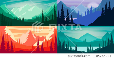 Set of cartoon mountain landscape in flat style. Design element for poster, card, banner, flyer. Vector illustration 105785224