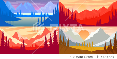 Set of cartoon mountain landscape in flat style. Design element for poster, card, banner, flyer. Vector illustration 105785225