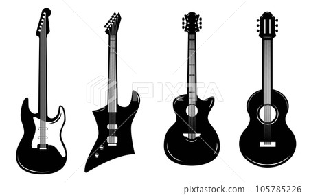 Set of illustrations of rock guitars. Design element for poster, emblem, sign, logo. Vector illustration 105785226