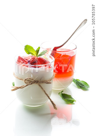 homemade sweet yogurt with fruit jelly pieces homemade sweet yogurt with fruit jelly pieces 105785397