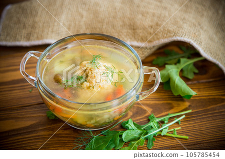 fresh hot soup with chicken meatballs and vegetables in a plate fresh hot soup with chicken meatballs and vegetables in a plate 105785454