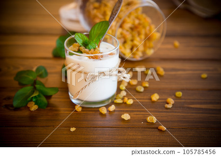 sweet homemade yogurt with raisins in a glass sweet homemade yogurt with raisins in a glass 105785456
