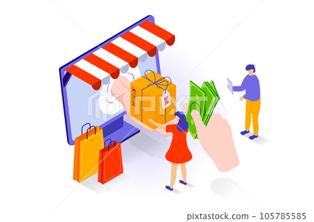 Online shopping concept in 3d isometric design. People ordering products, paying by webpage digital form, receive parcel with delivery service. Vector illustration with isometry scene for web graphic Online shopping concept in 3d isometric design. People ordering products, paying by webpage digital form, receive parcel with delivery service. Vector illustration with isometry scene for web graphic 105785585