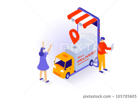 Online shopping concept in 3d isometric design. People making purchases in store webpage, ordering delivery service and tracking transportation. Vector illustration with isometry scene for web graphic Online shopping concept in 3d isometric design. People making purchases in store webpage, ordering delivery service and tracking transportation. Vector illustration with isometry scene for web graphic 105785605