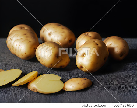 Realistic potatoes black background long shot sharp Realistic potatoes black background long shot sharp 105785699