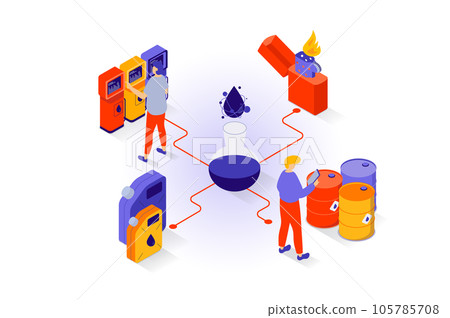Oil industry concept in 3d isometric design. People researching product in test tubes in lab, storage at barrels, transporting for gas station. Vector illustration with isometry scene for web graphic 105785708