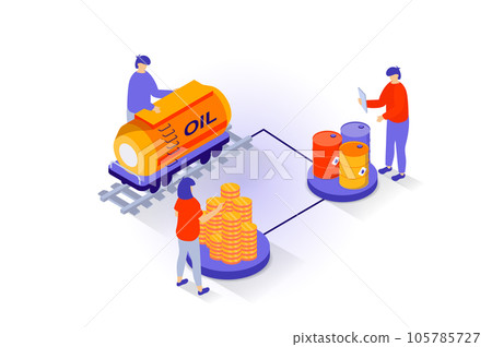 Oil industry concept in 3d isometric design. People selling petroleum products in barrels and tank railroad wagon to export and earning money. Vector illustration with isometry scene for web graphic Oil industry concept in 3d isometric design. People selling petroleum products in barrels and tank railroad wagon to export and earning money. Vector illustration with isometry scene for web graphic 105785727