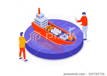 Oil industry concept in 3d isometric design. People selling petroleum products using tanker ship for cargo transportation to global market. Vector illustration with isometry scene for web graphic 105785730