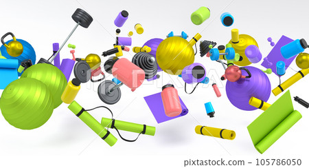 Flying and folling sport equipment like kettlebell, fitness ball and yoga mat 105786050