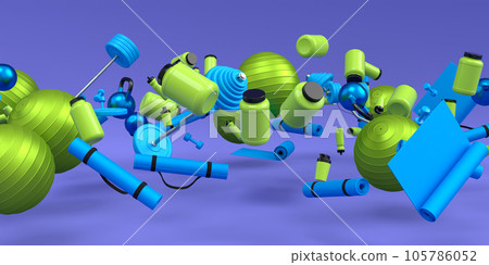 Flying and folling sport equipment like kettlebell, fitness ball and yoga mat 105786052