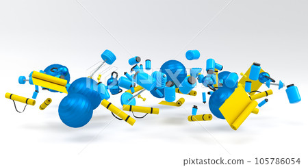 Flying and folling sport equipment like kettlebell, fitness ball and yoga mat Flying and folling sport equipment like kettlebell, fitness ball and yoga mat 105786054