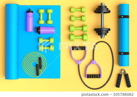 Isometric view of sport equipment like kettlebell, fitness ball and yoga mat Isometric view of sport equipment like kettlebell, fitness ball and yoga mat 105786062