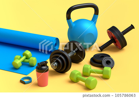 Isometric view of sport equipment like kettlebell, fitness ball and yoga mat 105786063