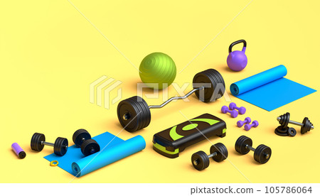 Isometric view of sport equipment like kettlebell, fitness ball and yoga mat 105786064