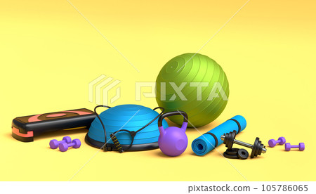 Isometric view of sport equipment like kettlebell, fitness ball and yoga mat 105786065