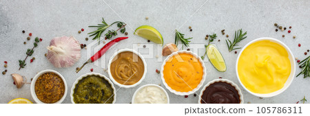 Different types of sauces in bowls Different types of sauces in bowls 105786311
