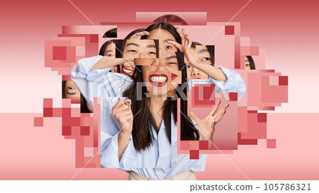 Young woman expressing different emotions of happiness, anger, shock, tiredness on pink background. Creative conceptual design. Young woman expressing different emotions of happiness, anger, shock, tiredness on pink background. Creative conceptual design. 105786321