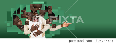 Young african guy expressing different emotions of happiness, anger, calmness on green background. Creative conceptual design. 105786323