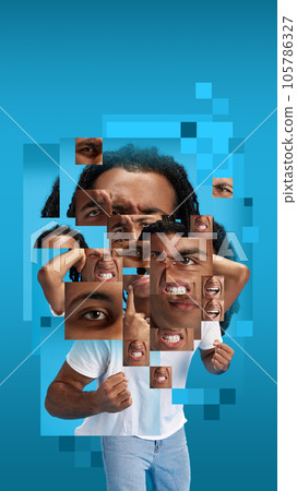 Young african man showing various emotions of calmness and anger against blue background. Creative conceptual design. Young african man showing various emotions of calmness and anger against blue background. Creative conceptual design. 105786327