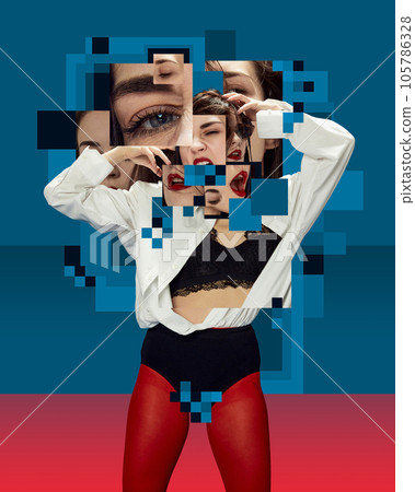 Stylish sensual woman expressing different feelings. Creative conceptual design. Inner world of woman Stylish sensual woman expressing different feelings. Creative conceptual design. Inner world of woman 105786328