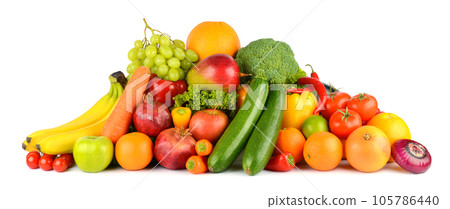 Fresh fruits and vegetables in pile isolated on white 105786440