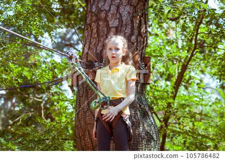 A child in a forest adventure park made of ropes. A child in a forest adventure park made of ropes. 105786482