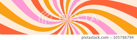 Groovy 70s background, retro sun and carnival motifs. Vintage swirls with abstract rays and a rainbow border. Pink graphic vintage circle . Flat vector illustration isolated Groovy 70s background, retro sun and carnival motifs. Vintage swirls with abstract rays and a rainbow border. Pink graphic vintage circle . Flat vector illustration isolated 105786794