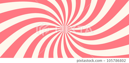 Pink ice cream and candy swirl background, lollipop vortex patterns intermixed with strawberry and circus elements. Retro spiral design. Flat vector illustration isolated 105786802