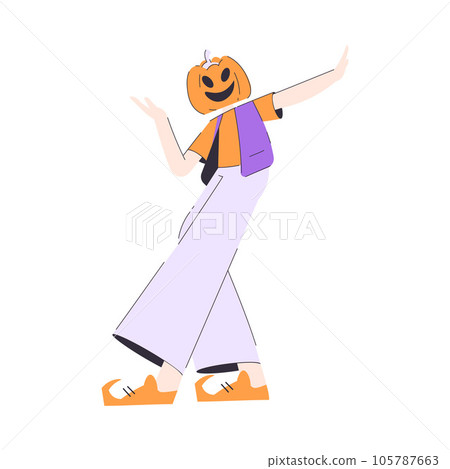 Happy Man Character at Halloween Party Standing in Jack o Lantern Costume Vector Illustration Happy Man Character at Halloween Party Standing in Jack o Lantern Costume Vector Illustration 105787663