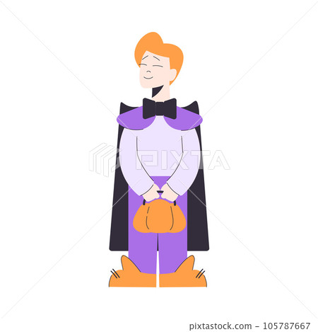 Happy Boy at Halloween Party Standing in Dracula Costume Vector Illustration 105787667
