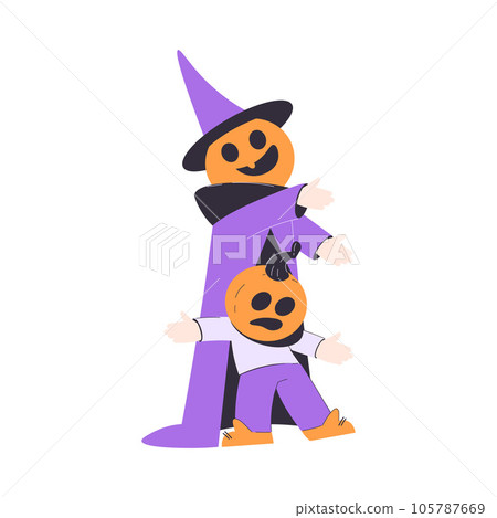 Happy Kids at Halloween Party Standing in Jack o Lantern Costume with Pumpkin Head Vector Illustration Happy Kids at Halloween Party Standing in Jack o Lantern Costume with Pumpkin Head Vector Illustration 105787669