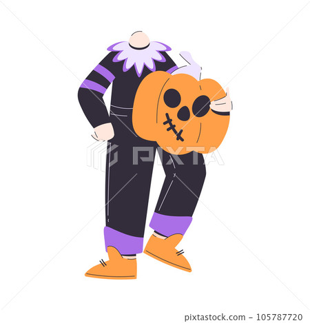 Happy Man at Halloween Party Standing in Jack Lantern Costume with Pumpkin Head Vector Illustration Happy Man at Halloween Party Standing in Jack Lantern Costume with Pumpkin Head Vector Illustration 105787720