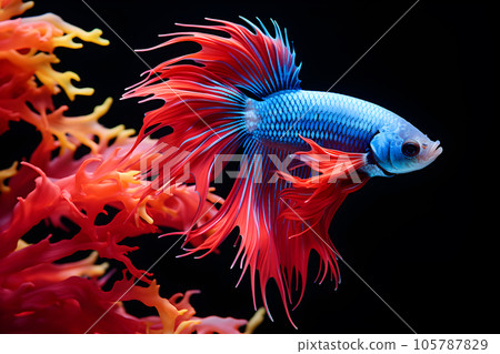 Small brightly colored betta fish isolated black background Generative A Small brightly colored betta fish isolated black background Generative A 105787829