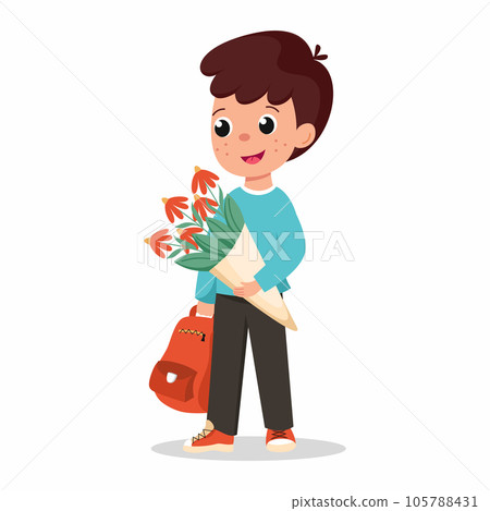 Cute boy with flowers and backpack. Illustration for first of September. Knowledge Day. Cute boy with flowers and backpack. Illustration for first of September. Knowledge Day. 105788431